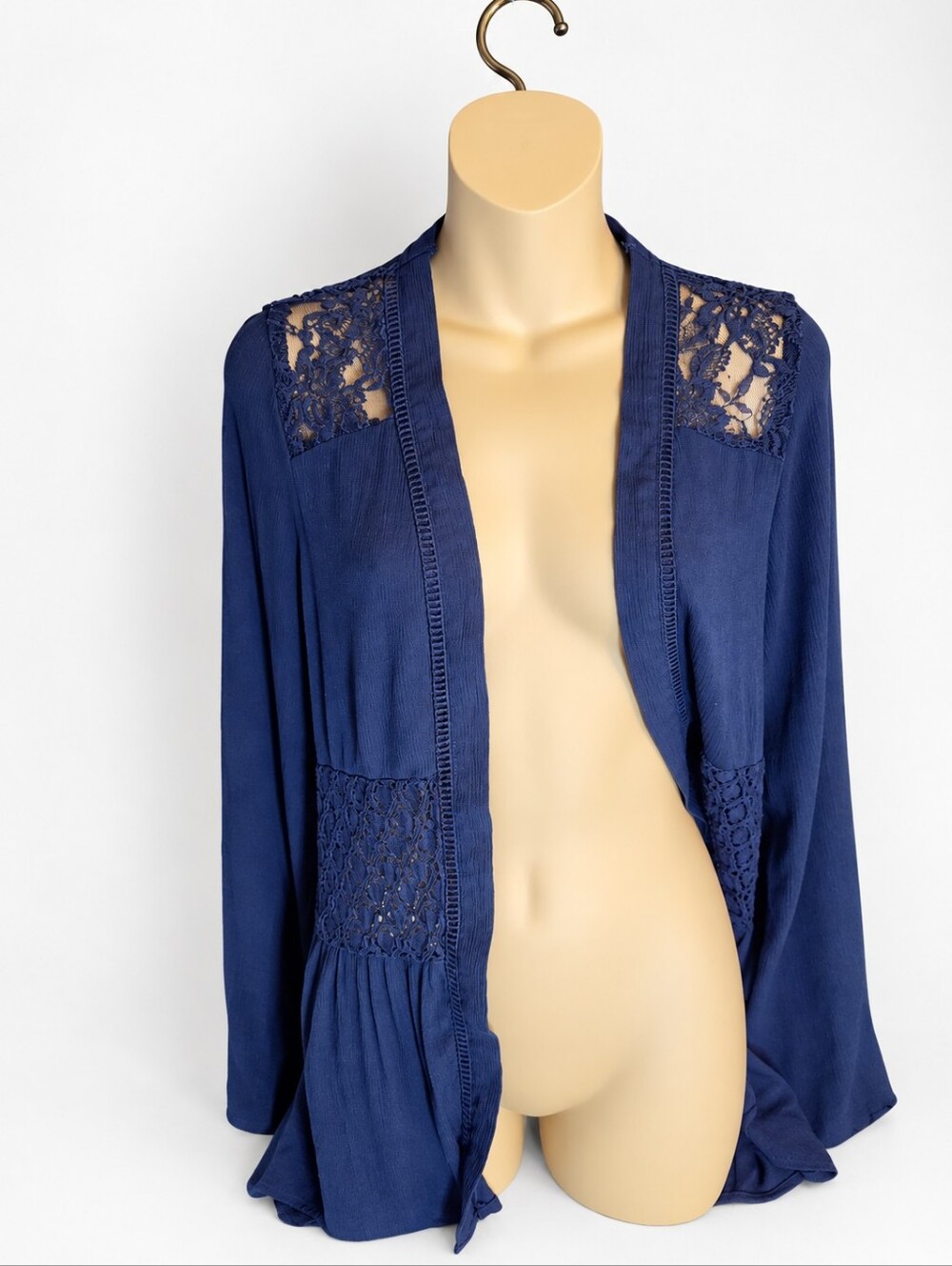 Knox Rose Navy Blue Lace Open Front Boho Cardigan Topper Size L